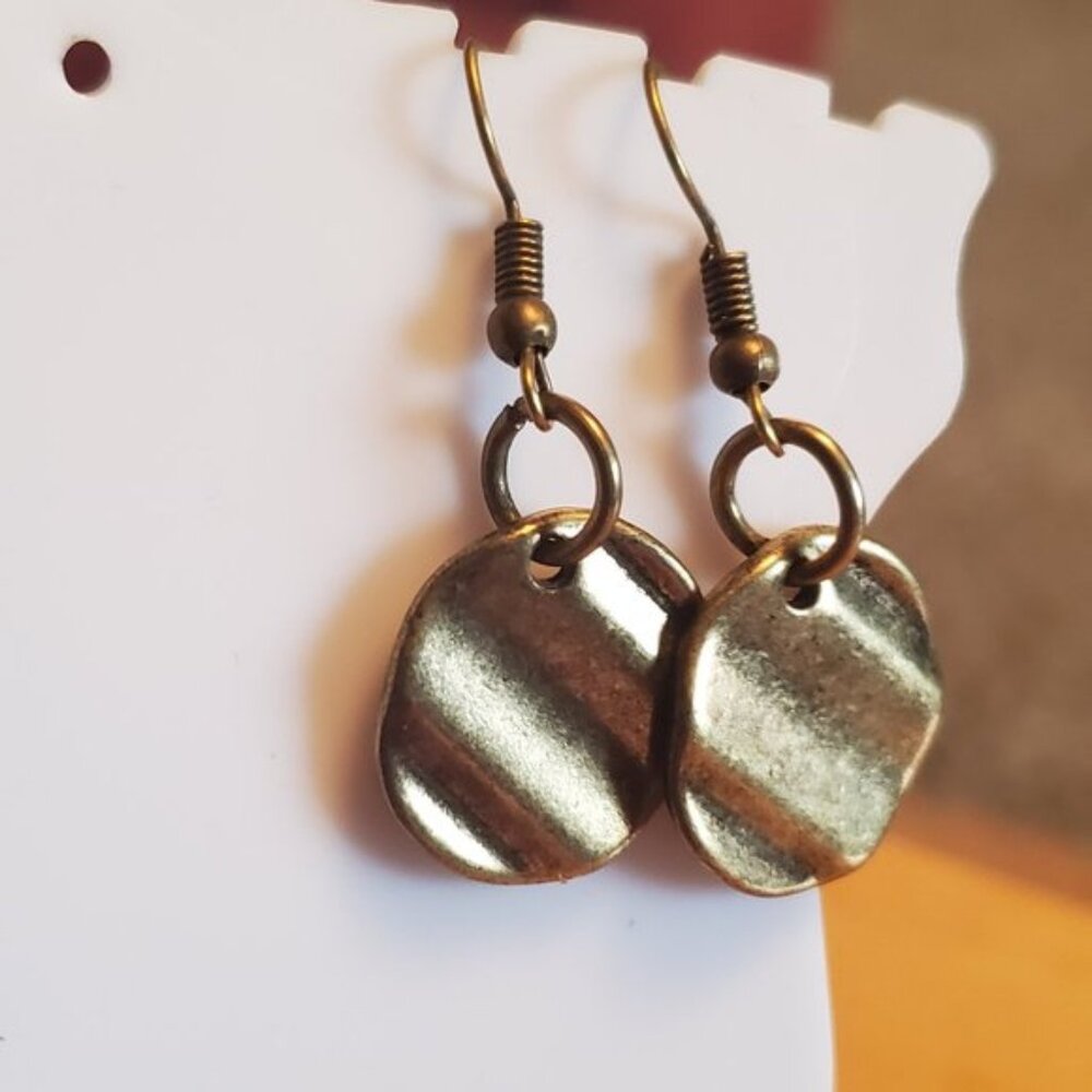 Bronze Tone Disc Dangle Hook Earrings Artisan Cute